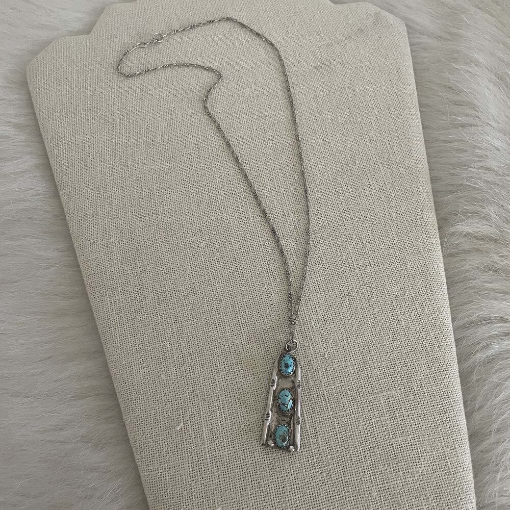 Vintage Sterling Silver Pendant Necklace Turquoise Native American J. Long Stamp